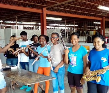 Checking out the display of brass and woodwind Instrument